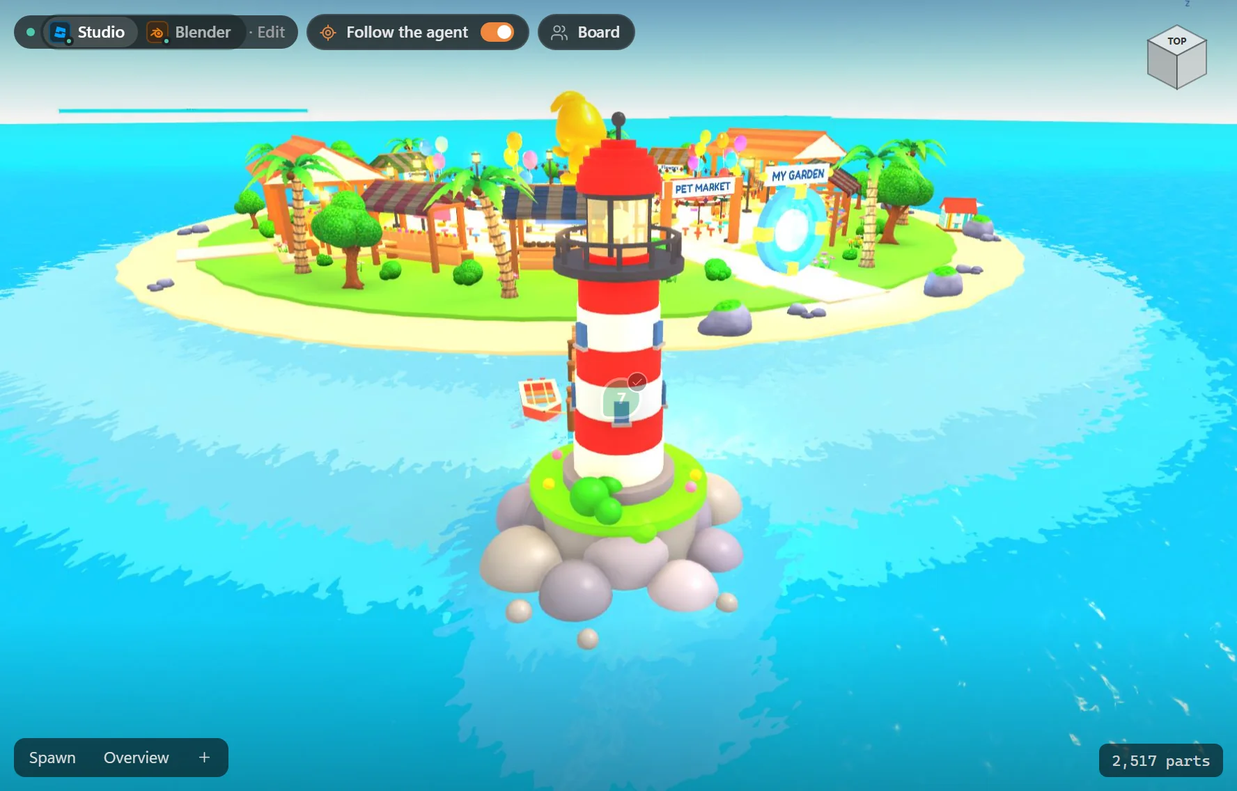The finished lighthouse in front of the island